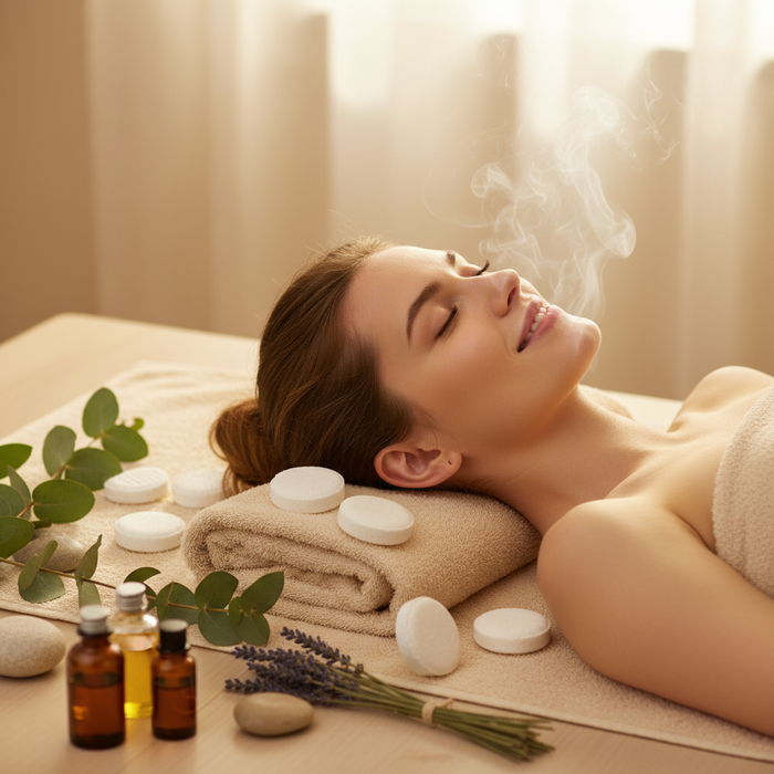 Happy woman relaxing after using aromatherapy products